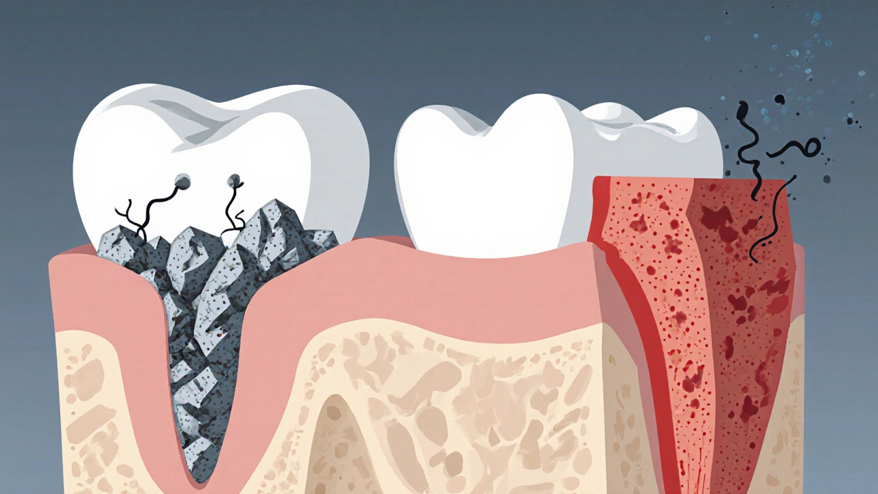 Průřez zubu s kamenem pod dásní a rozpadající se kostí kolem kořene.