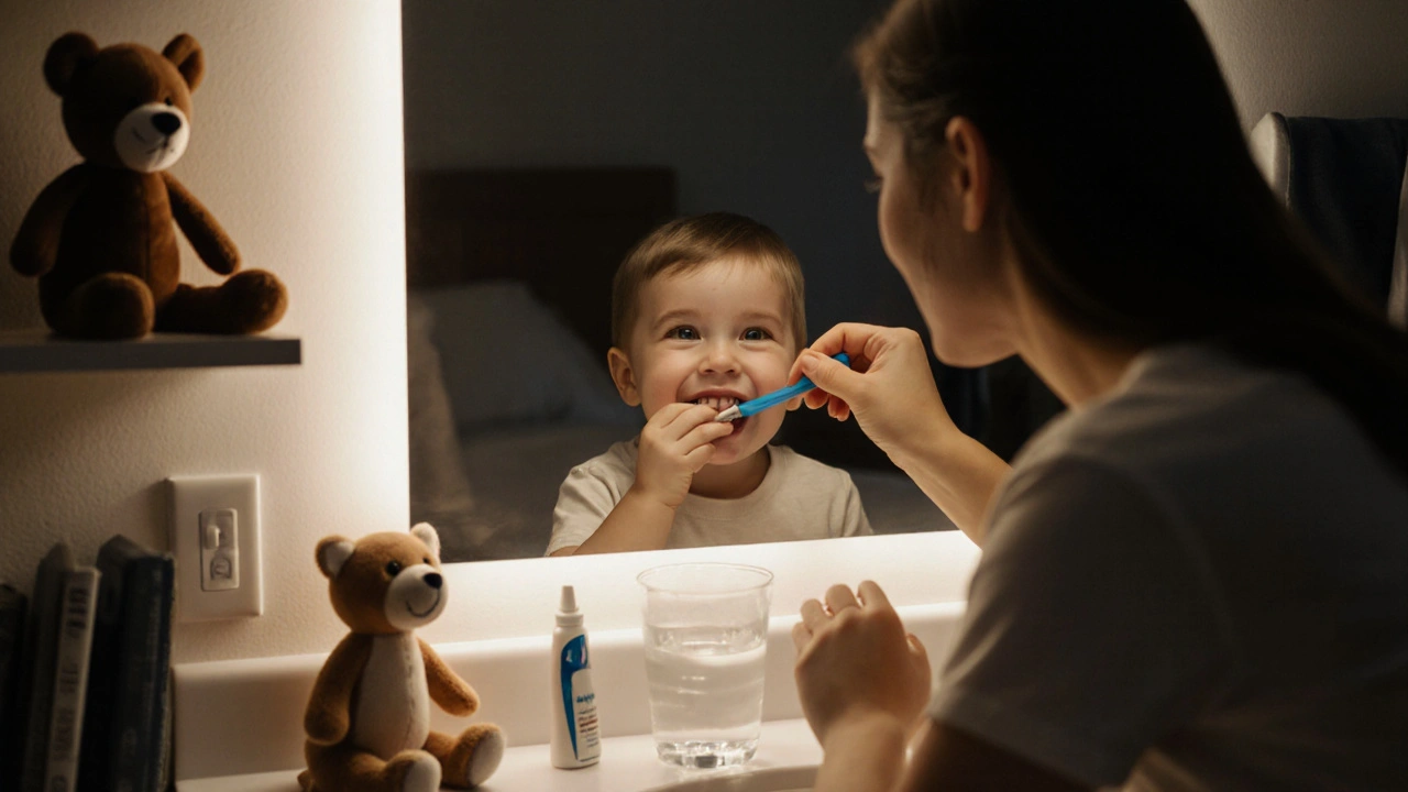 Rodič čistí dítěti zuby večer v koupelně před spaním.