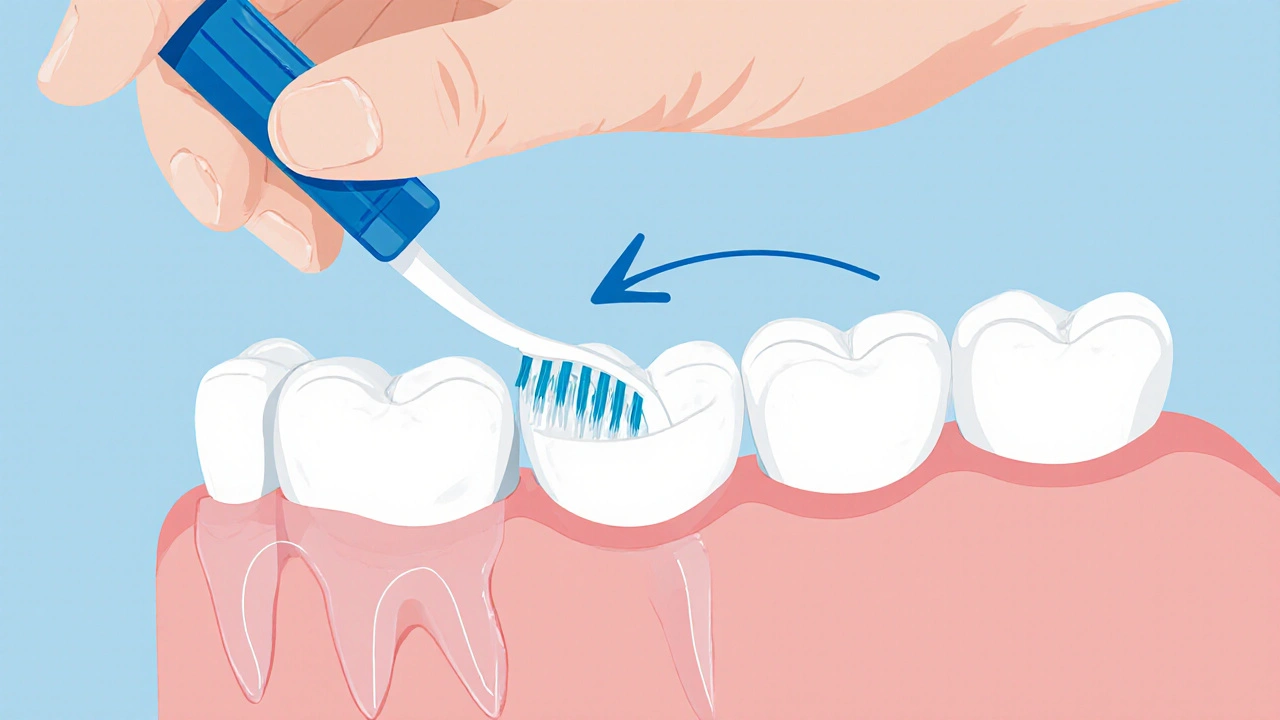 Ruka vkládá mezizubní kartáček do mezery mezi zuby z boku.