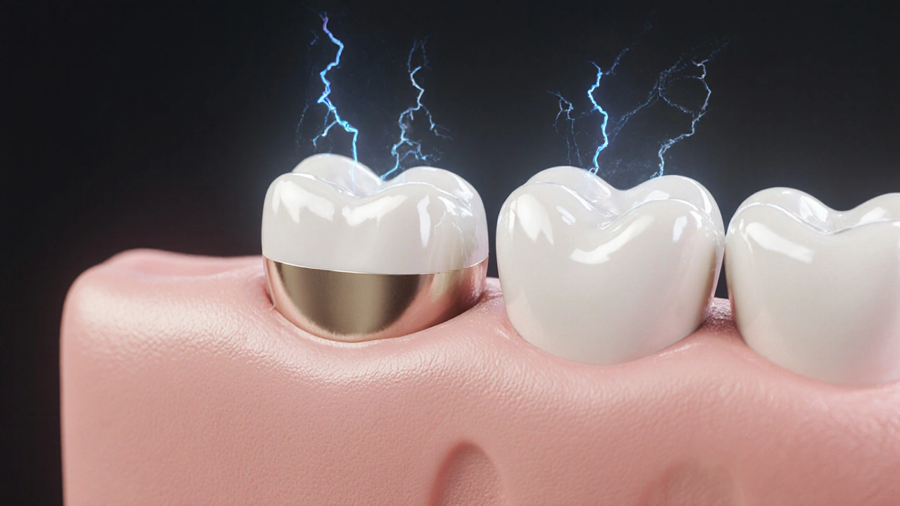 Srovnání kovové a celokeramické korunky v ústní dutině s ukázkou galvanického proudění.