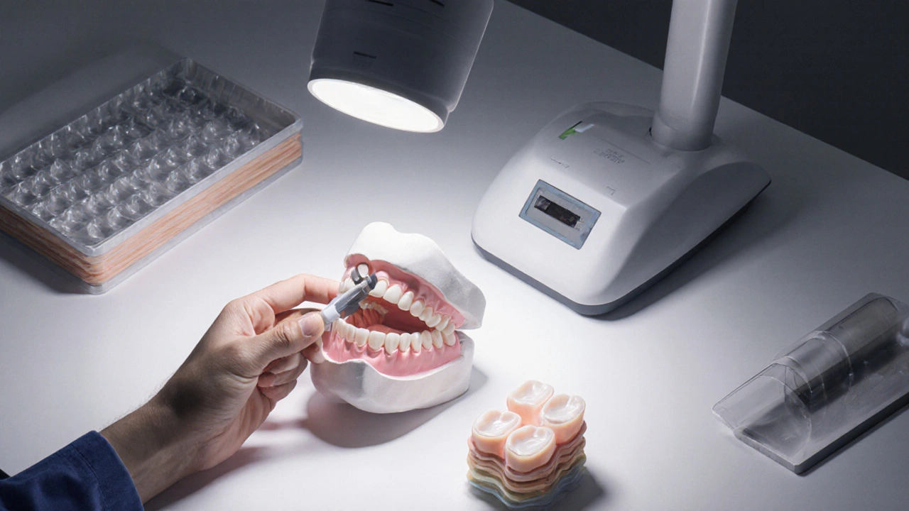 Technik prohlíží gipsový model zubu v laboratoři.