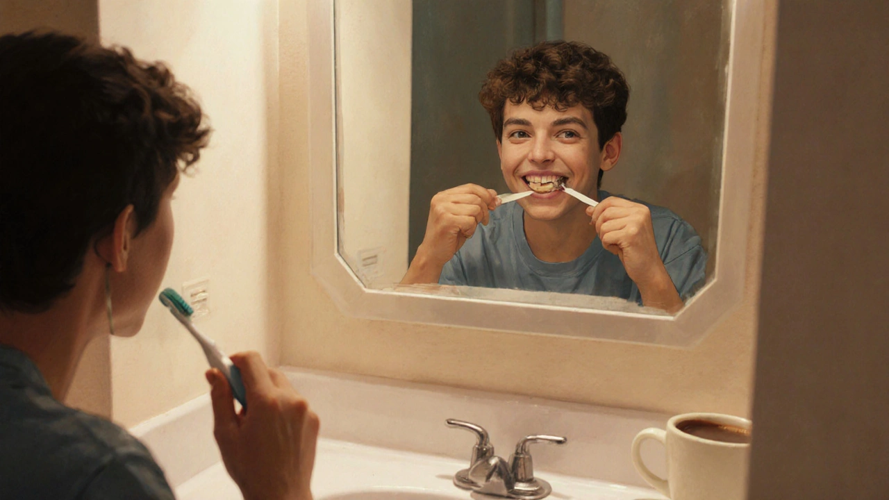 Teenager čistí zuby a vidí svá keramická rovnátka ve zrcadle.