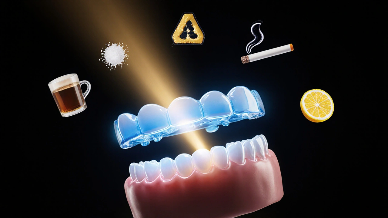 Teeth floating with harmful substances being repelled by light, symbolizing safe whitening treatment.