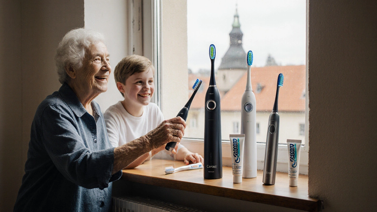 Tři modely kartáčků Curaprox na windowsillu s různými uživateli.