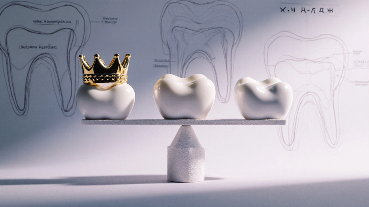 Tři typy zubních korunek – zlato, zirkon a e-max – v象征ové srovnávací kompozici.