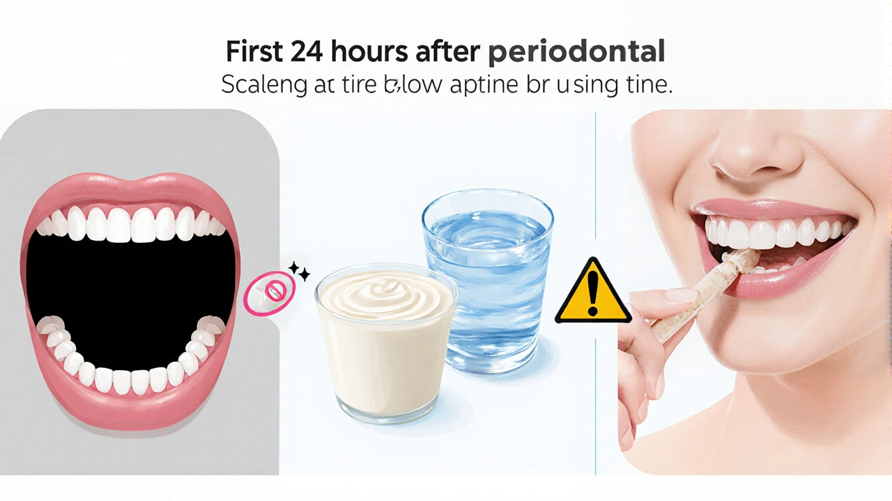 Vizuální časová osa hojení dásní po kyretáži: bez jídla, pak měkké potraviny a jemné čištění.