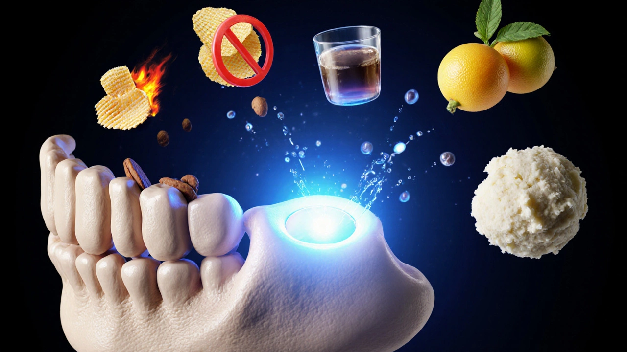 Zahojující dásň ochraňovaná světlem, zatímco nebezpečné potraviny jsou odstraněny.