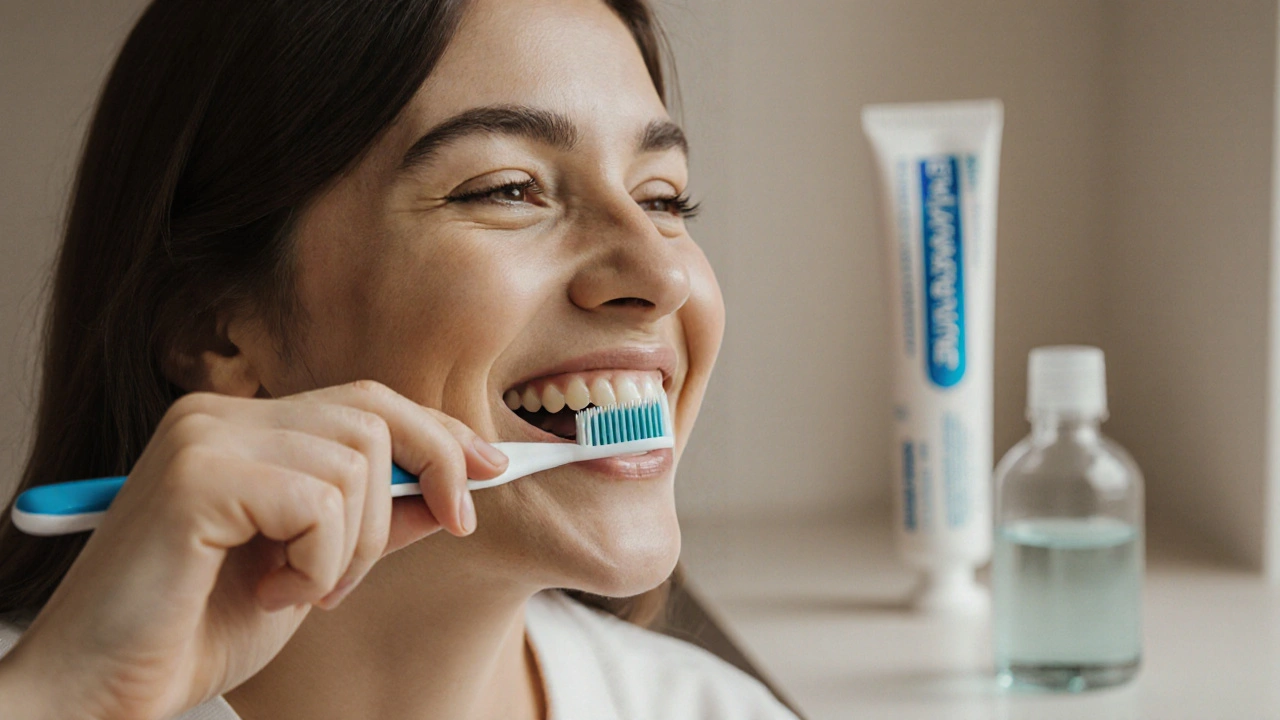 Žena čistí zuby měkkým štětcem s kruhovými pohyby, zaměřená na oblast plomby.