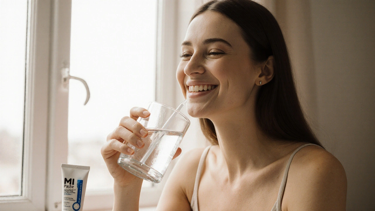 Žena pije teplou vodu po bělení zubů, klidná a uvolněná.