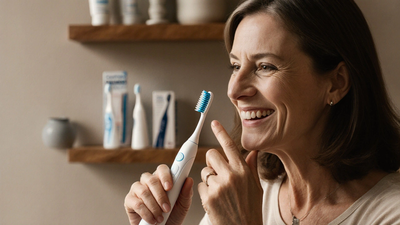 Žena s Curaprox kartáčkem, klidně se usmívající, bez krvácení dásní.