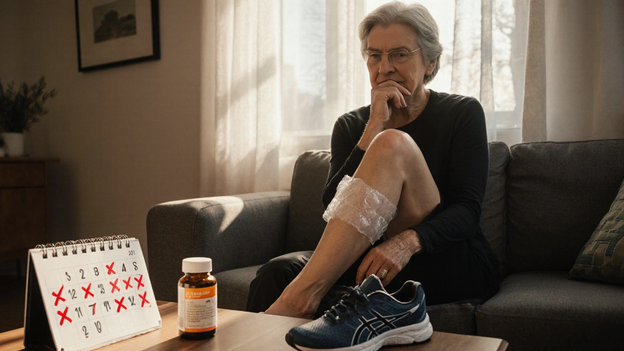 Žena v klidu na pohovce s ledem na holeni, vedle ní doplněk vitamínu D a nová obuv.