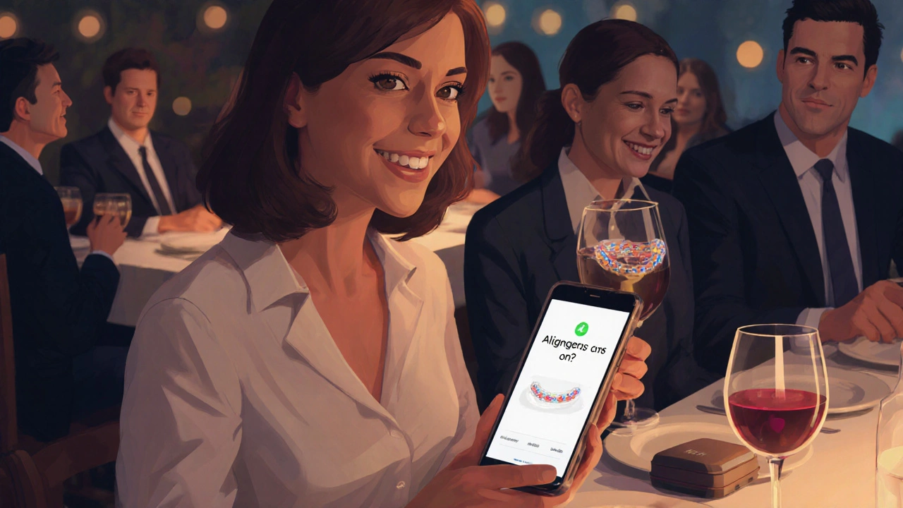 Žena v restauraci pije víno s vyrovnátky, telefon ukazuje připomínku.