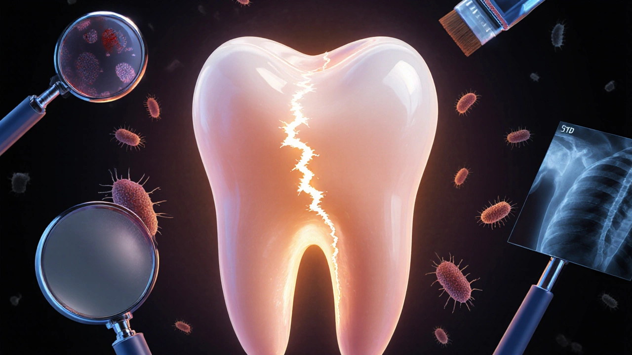 Zub s viditelnou trhlinou osvětlenou lékařským světlem, s bakteriemi směřujícími k nervu.