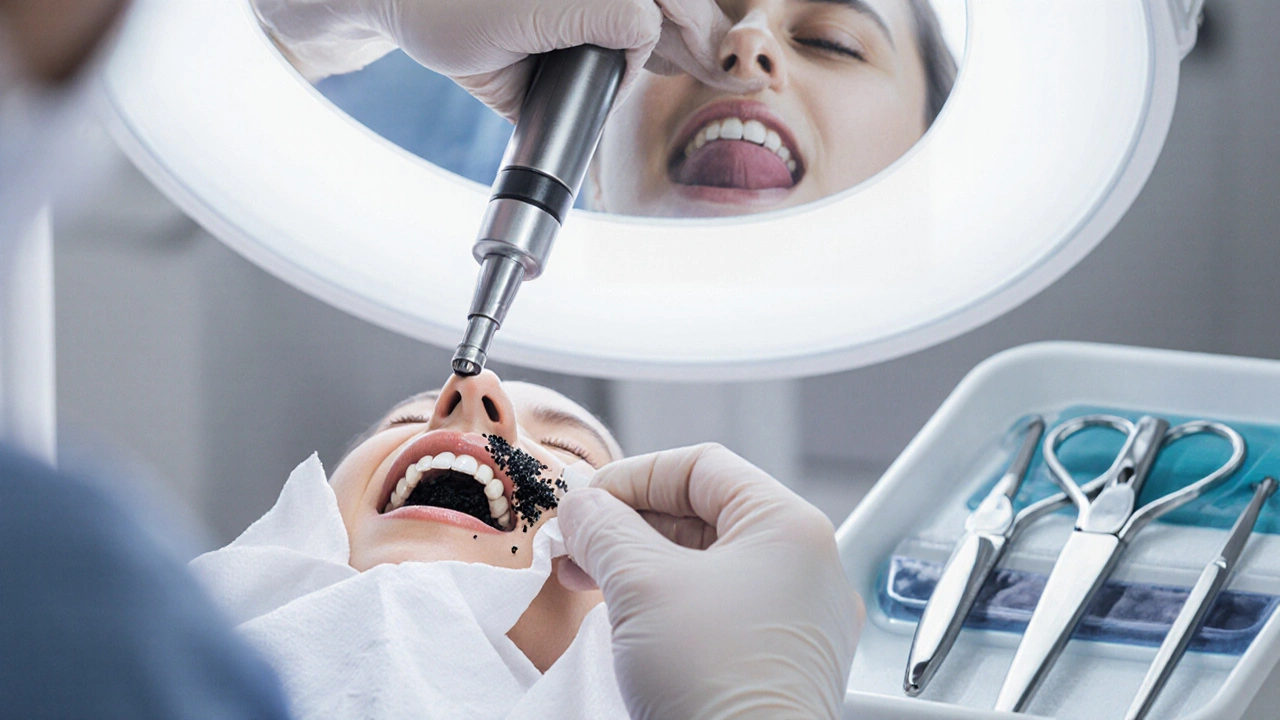 Zubař odstraňuje černý zubní kámen ultrazvukovým nástrojem