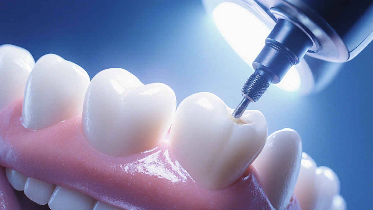 Zubař připravuje přední zub na fázetu odstraněním tenké vrstvy skloviny.