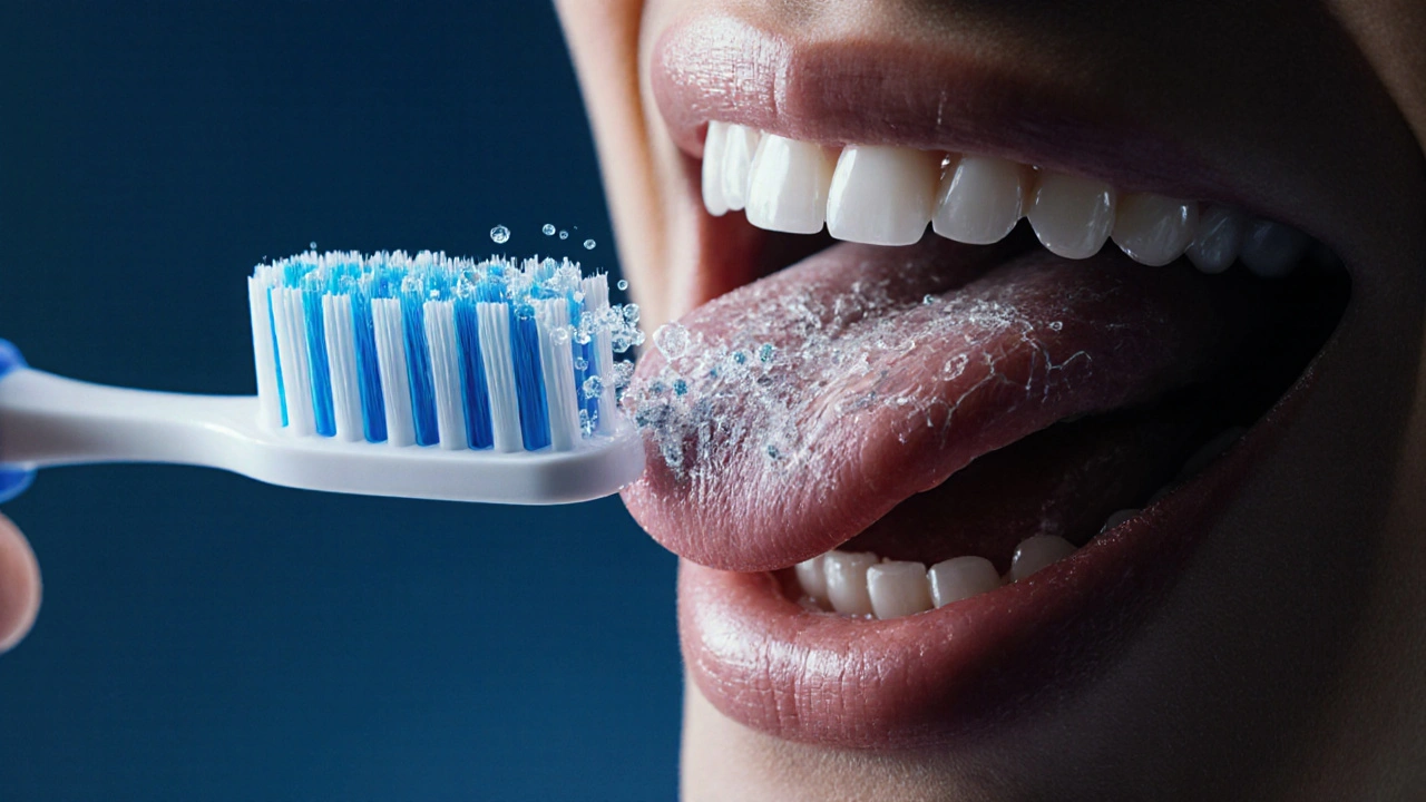 Zubní kartáček na jazyce s mikroskopickým zobrazením odstraňování bakterií a povrchových skvrn.