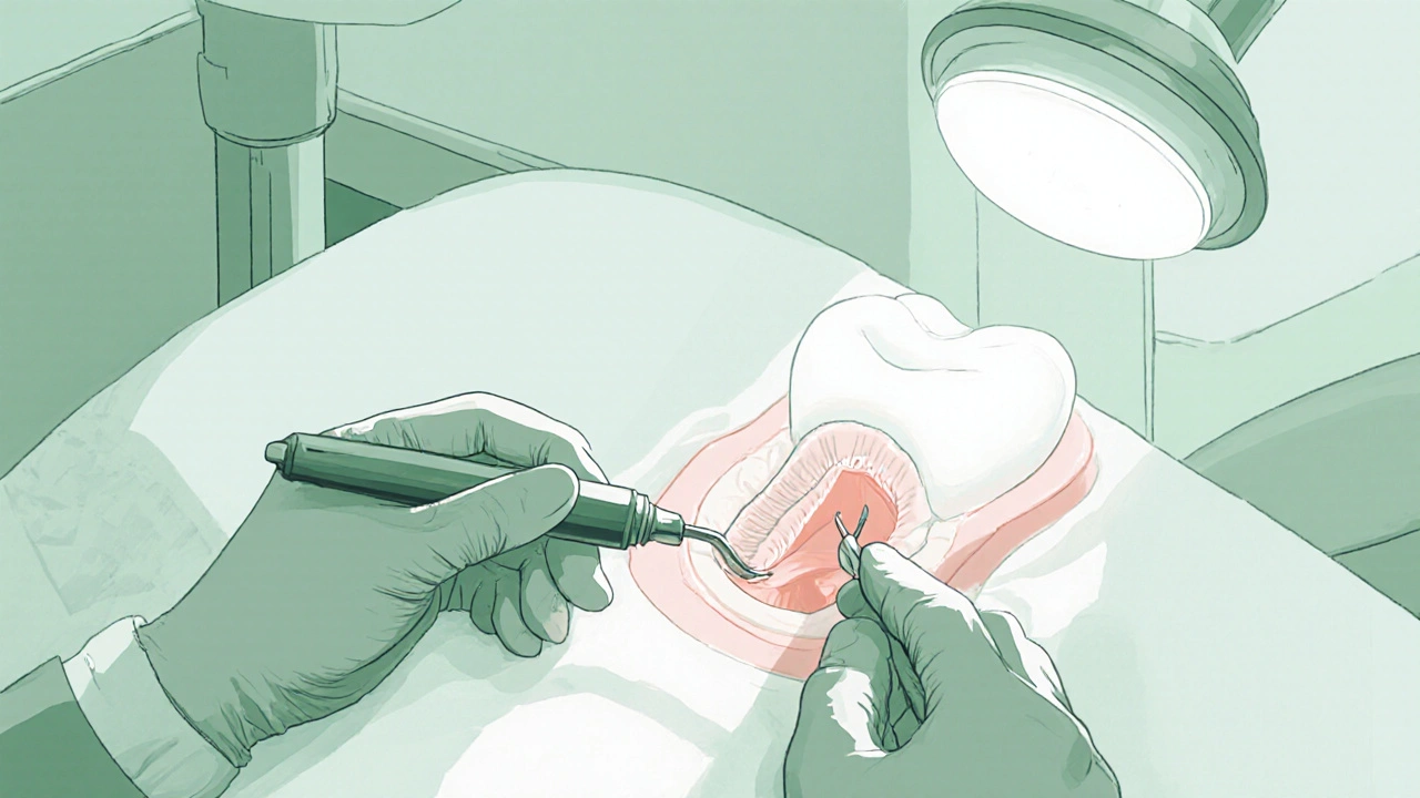 Zubní lékař provádí léčbu kořenového kanálku pomocí jemných nástrojů v ústech pacienta.