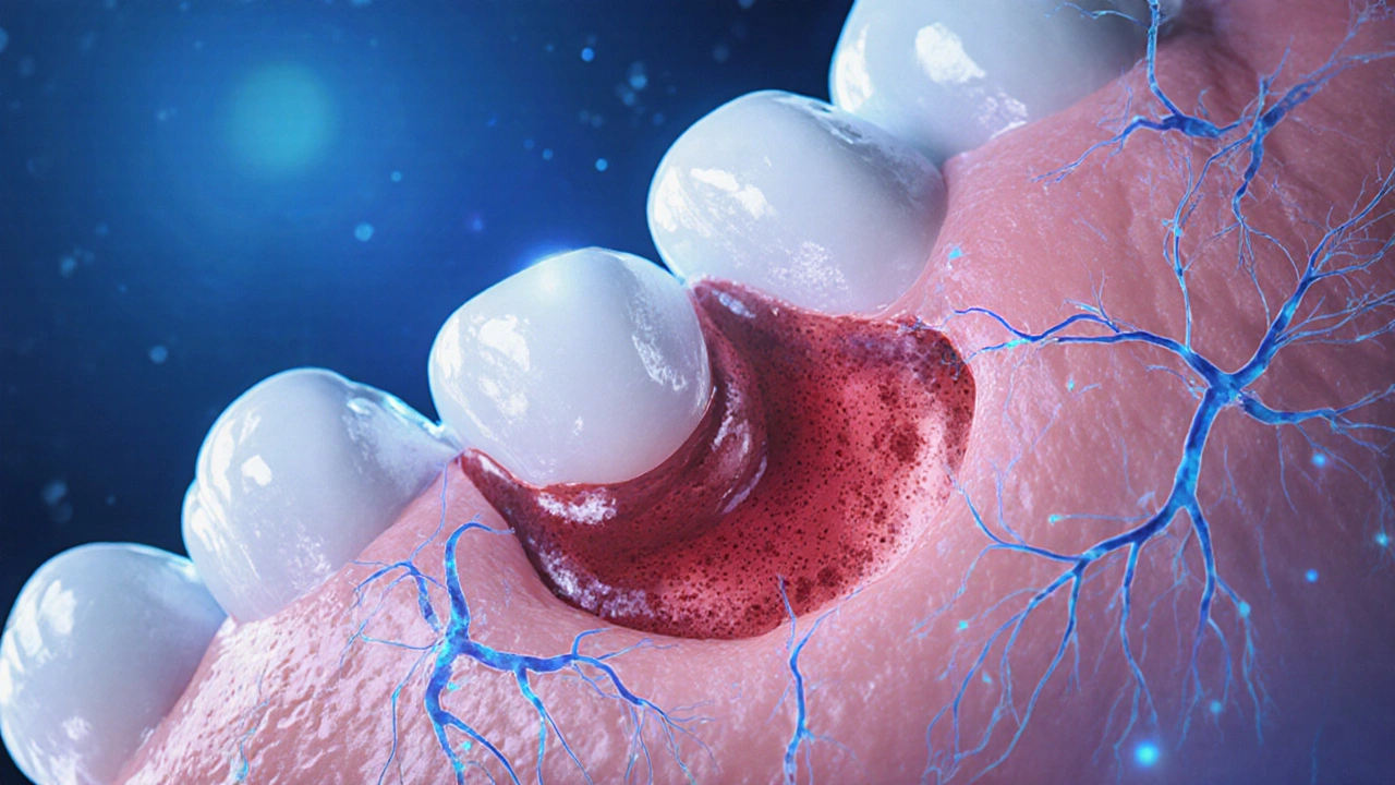 Zvětšený pohled na hojící se dásňovou kapsli s krevní sraženinou jako ochrannou zátkou.