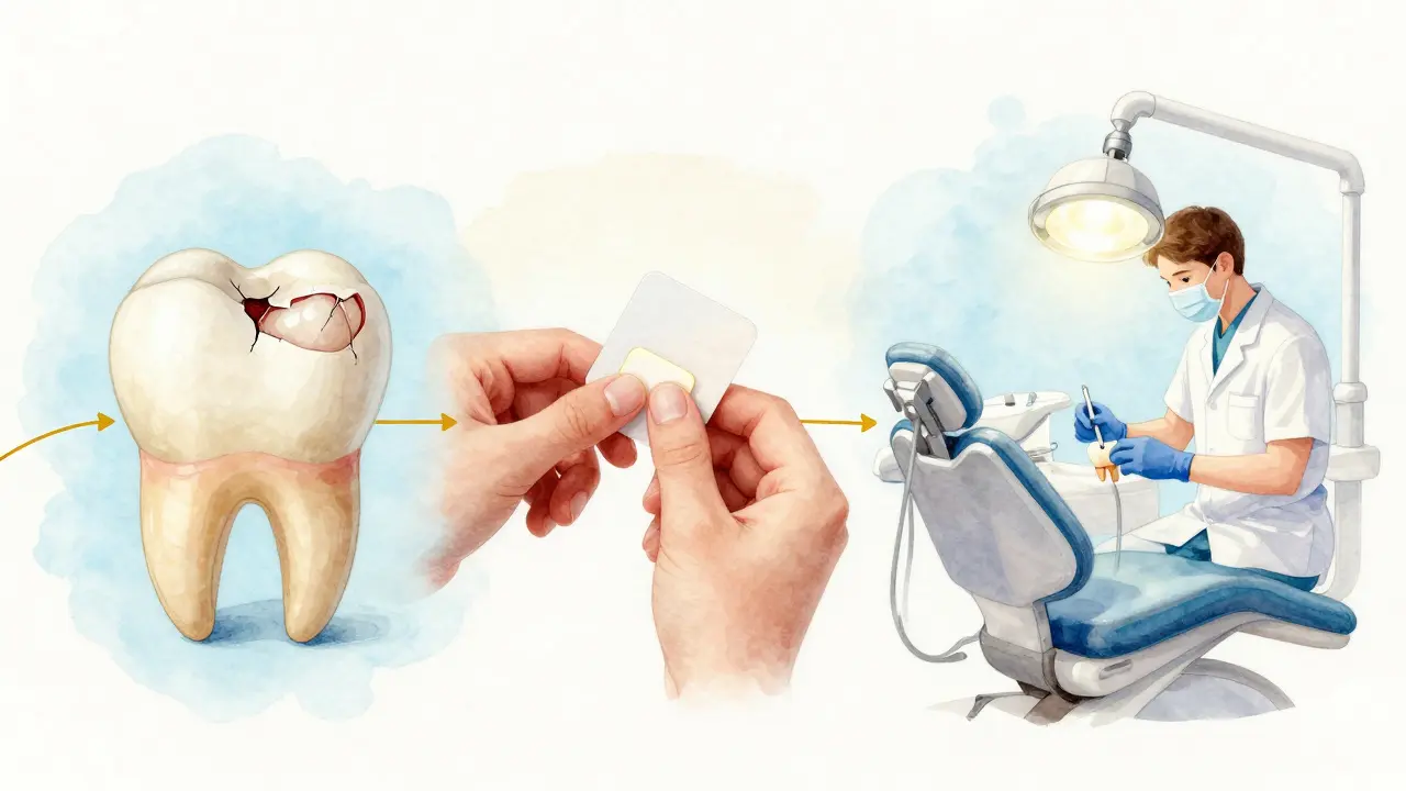 Časová osa od domácí opravy sklovinové náhrady až po odbornou péči u zubaře.