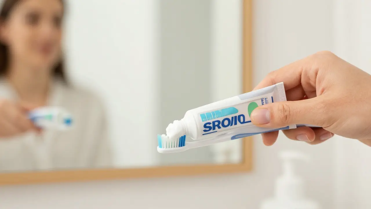 Čištění zubů štětečkem pod úhlem 45 stupňů bez pláchnutí.