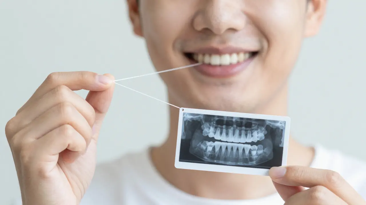 Člověk se smíchem drží zubní nit a rentgenový snímek zdravých zubů.