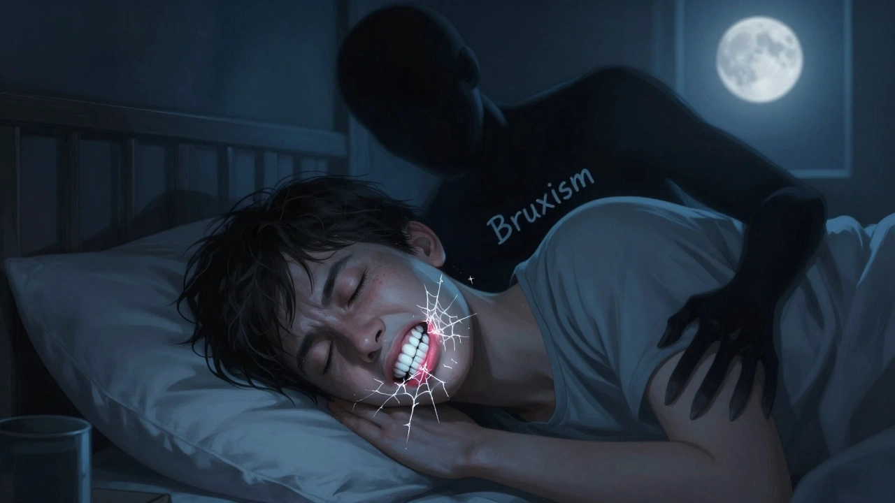 Člověk spí s těsně sevřenými zuby, po zubech se šíří trhliny jako pavučina ve tmě.