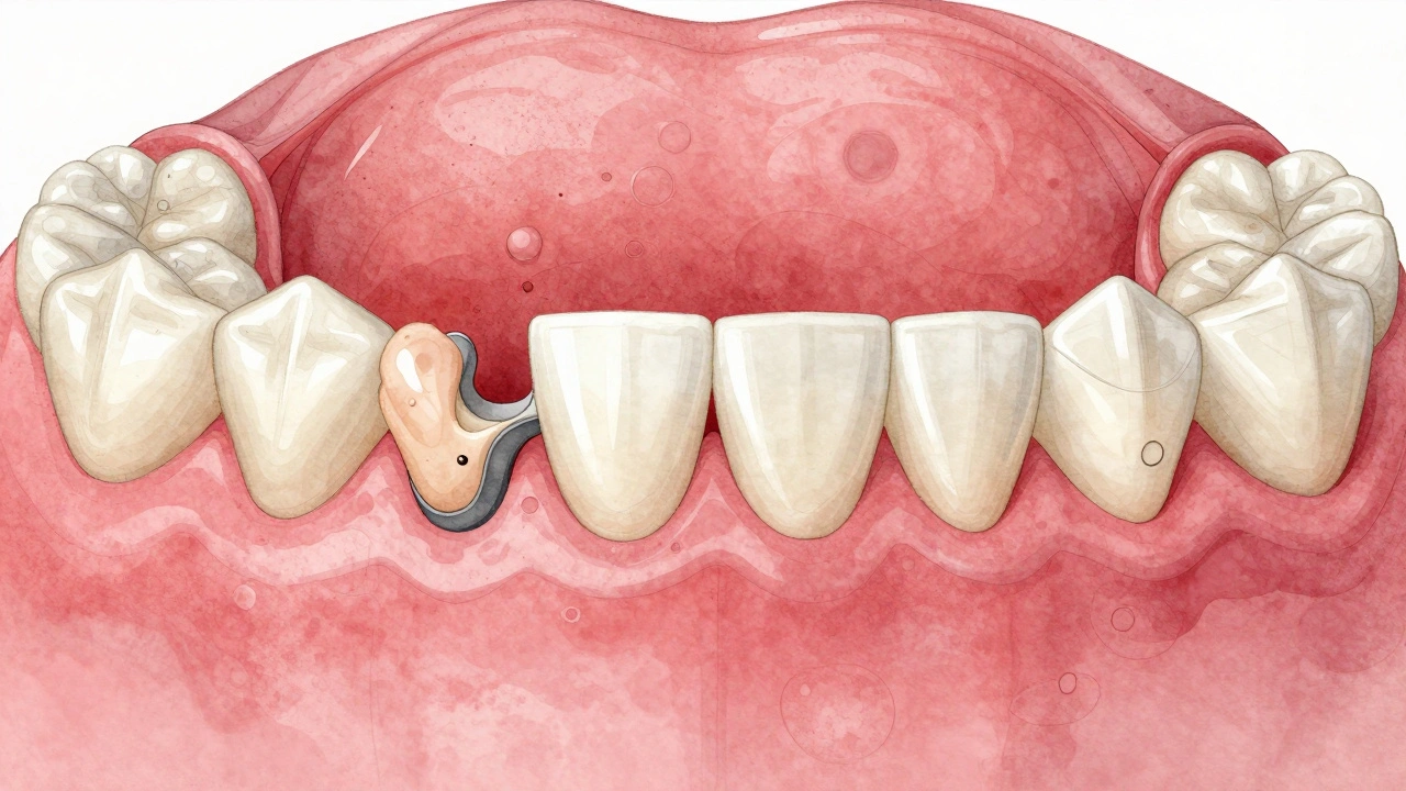 Cross-section illustration showing gap between dental bridge and tooth before and after adjustment.