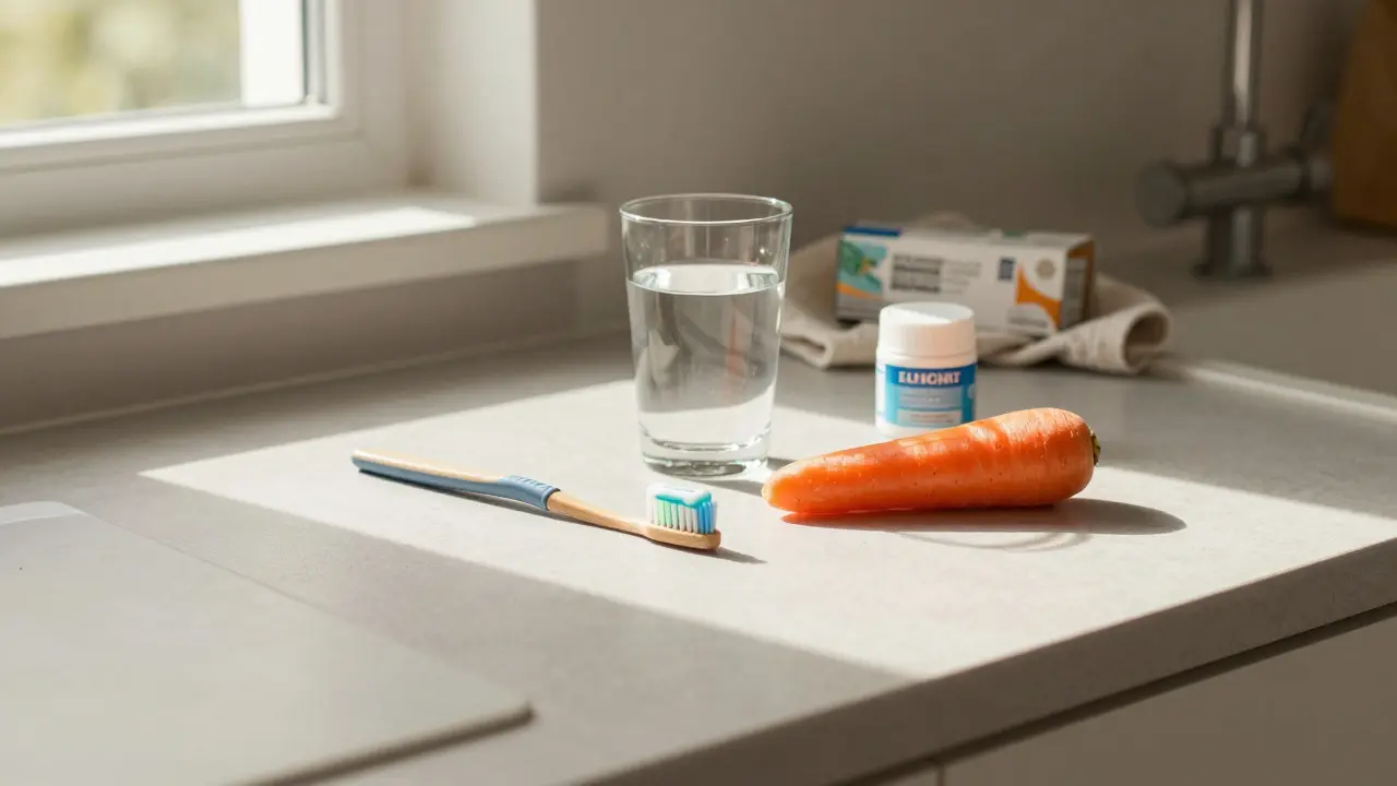 Denní péče o zuby: zubní pasta s fluoridem, voda a mrkev na kuchyňském stole.