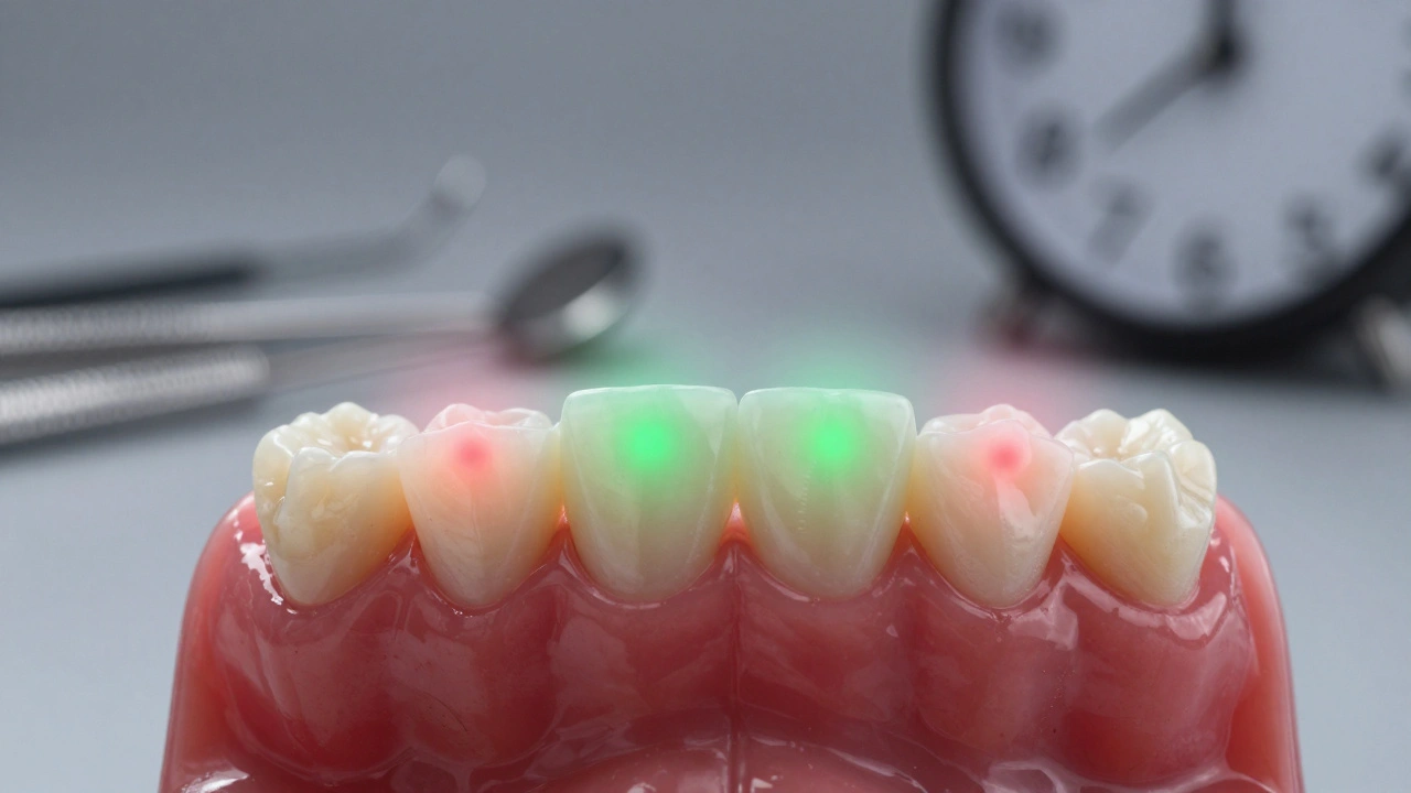 Dental bridge with pressure points fading to smooth contact after professional polishing.