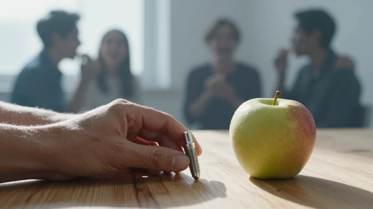 Dentalní implantát a jablko na dřevěné desce, v pozadí siluety šťastných lidí.