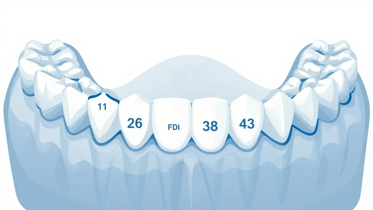 Dentální mapa s číslováním FDI pro čtyři kvadranty zubů v ústech.