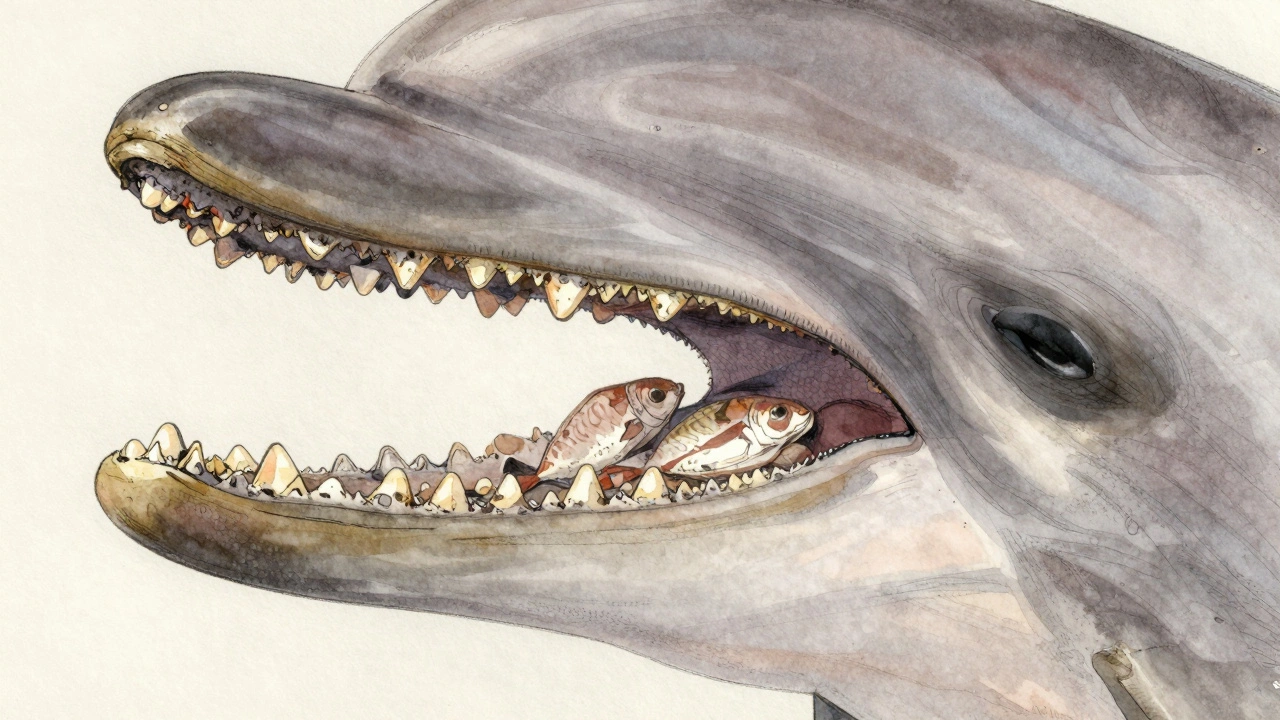 Detailní náčrt čelisti delfína s opotřebovanými zuby a stopami kořisti.