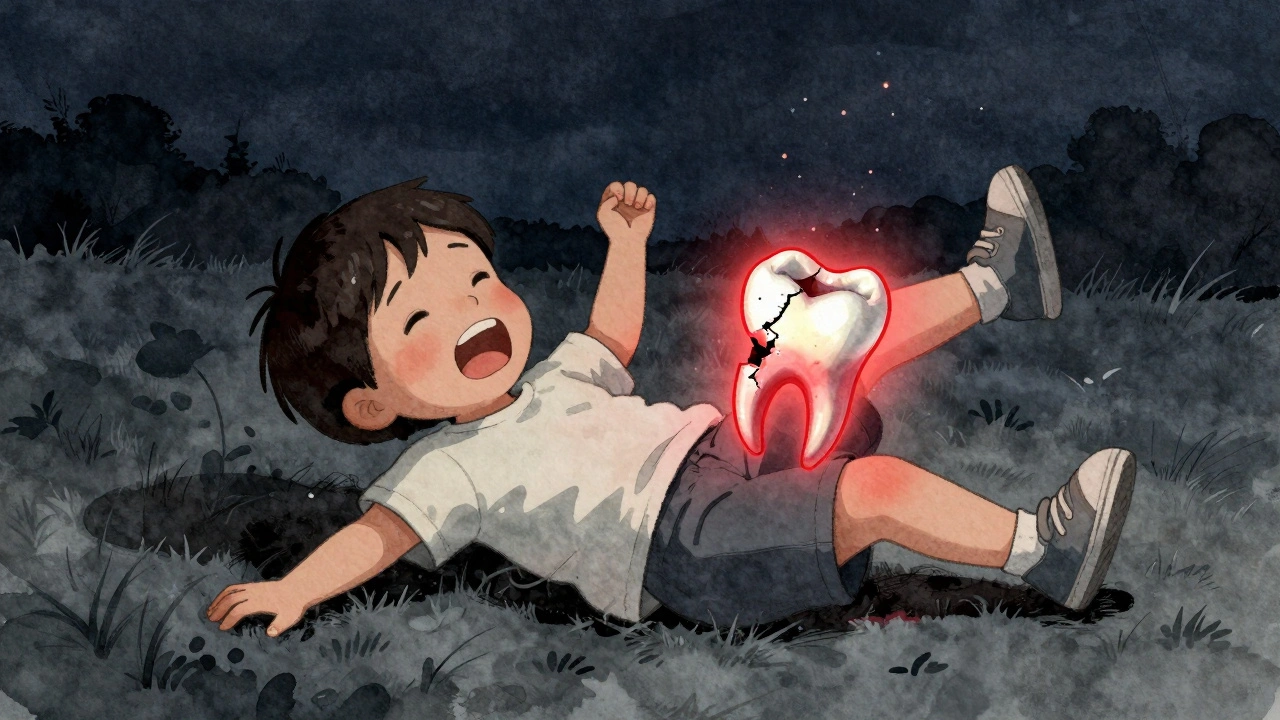 Dítě padá a zlomí přední zub, s červeným zářením označujícím zánět pulty šířící se do čelisti.
