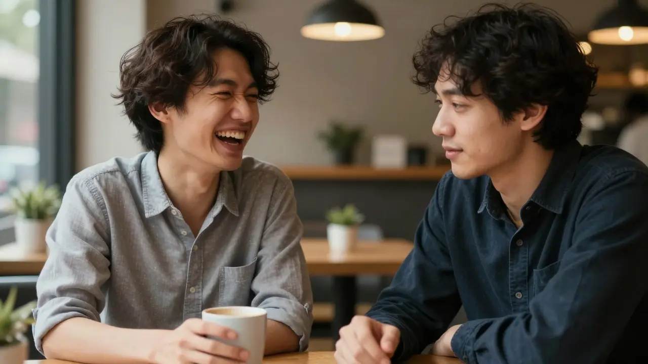 Dva lidé v kavárně, jeden se směje s viditelnou mezerou mezi zuby, druhý se otočí stranou.