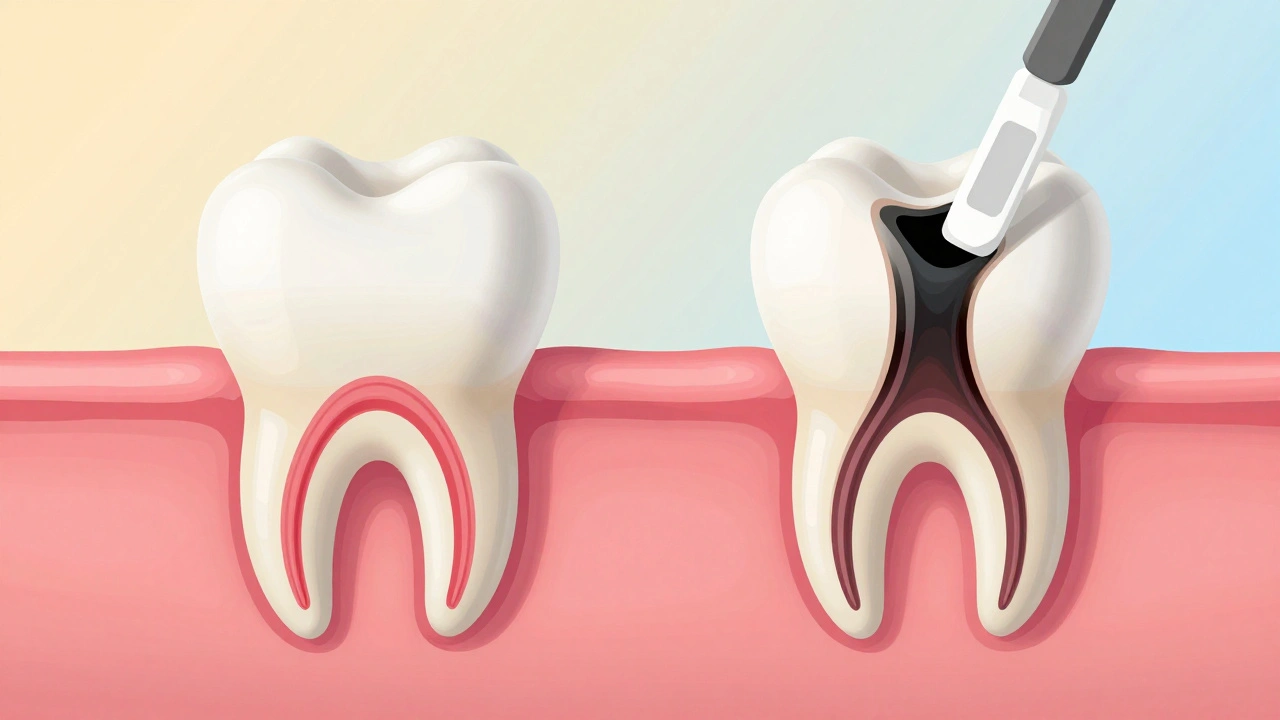 Dvě strany zubu: zdravý na levé, poškozený s korunkou na pravé, symbolizující léčbu pulpitisu.