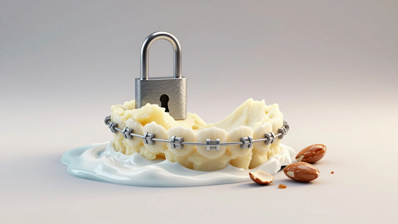 Fixní rovnátka jako zámek, obklopené měkkými potravinami, tvrdé potraviny rozbité na okrajích.