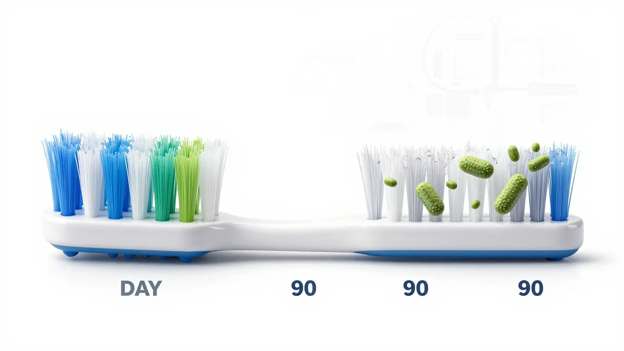 Ilustrace vývoje zubního kartáčku během 90 dní od nového ke zničenému stavu s bakteriemi.