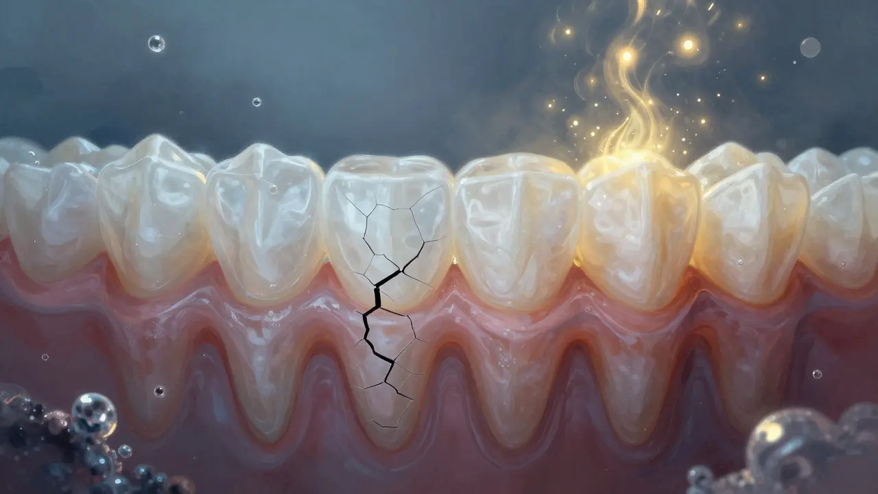 Kontrast poškozeného a obnoveného zubního emailu v symbolické ilustraci.