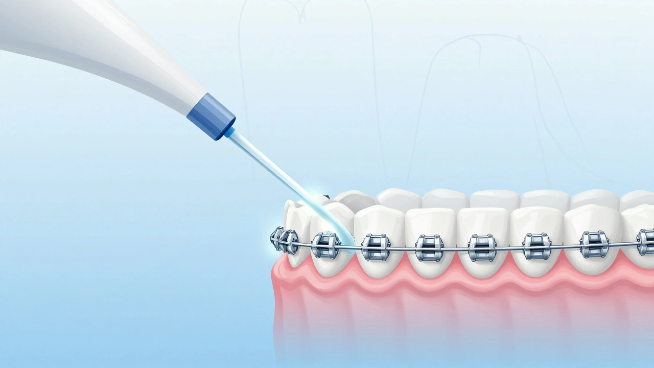 Křížový pohled do úst s proudem vody čistícím mezi zámkami rovnátek.