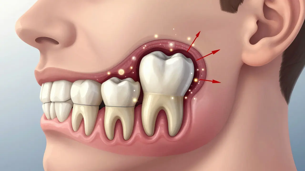 Křížový řez čelisti ukazující zakrytý zub moudrosti s infekcí šířící se do ucha a krku.