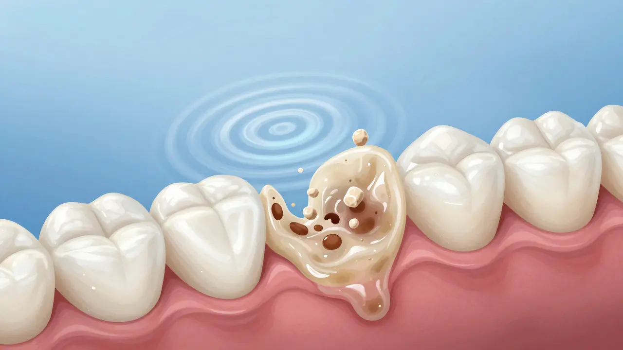 Mikroskopický pohled, jak ultrazvuk rozkládá zubní kámen na částice.