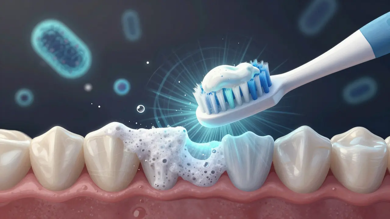 Mikroskopický pohled na akustické vlny a pěnu odstraňující plak mezi zuby a pod dásněmi.