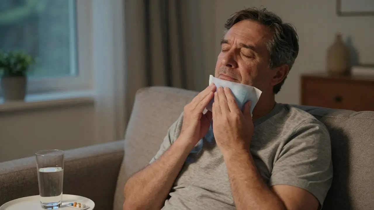 Muž si aplikuje led na tvář po implantaci, sedí doma v klidu s léky a vodou na stole.