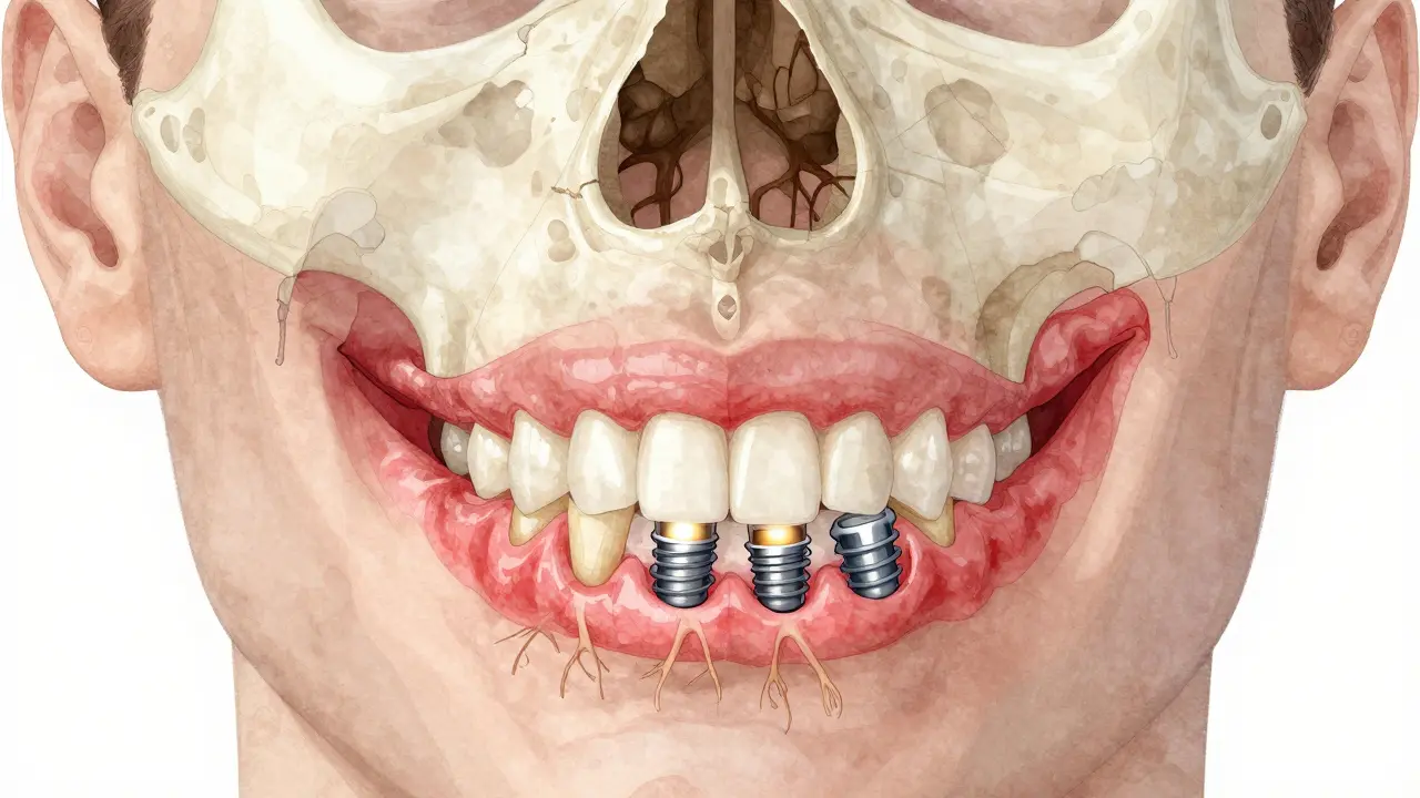 Obrázek čelisti s implantáty jako kořeny, proti zhroutené struktuře kosti.