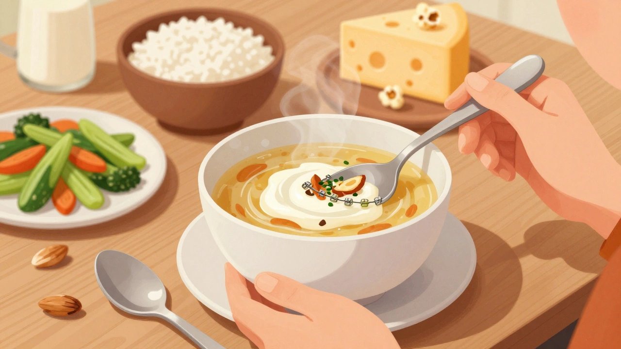 Osoba jí měkké jídlo jako polévku a jogurt, bez tvrdých potravin v okolí.