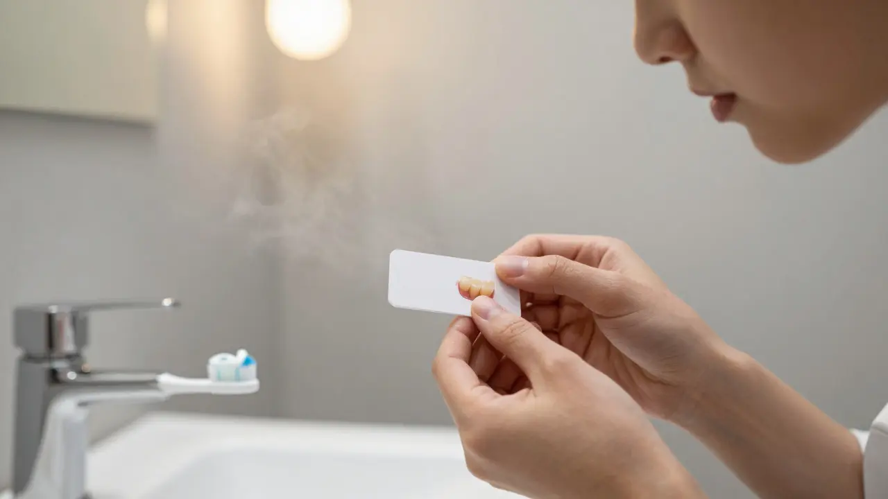 Osoba opatrně přidržuje dočasně opravenou sklovinovou náhradu na zubu pomocí plastové kartičky.