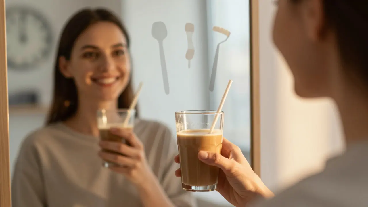 Osoba pije kávu přes slámečku a v zrcadle vidí jasný úsměv, symbolizující trvalý výsledek bělení.