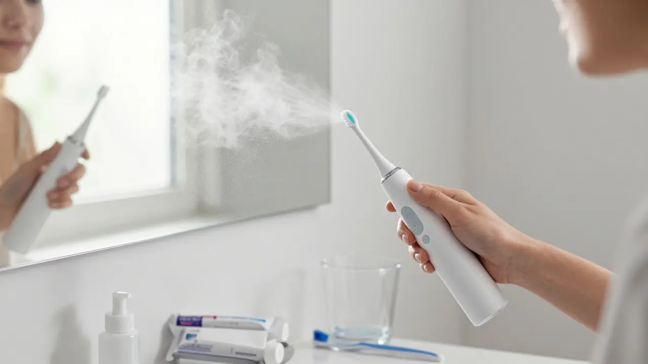 Osoba používá ultrazvukový čistič zubů v koupelně před zrcadlem.