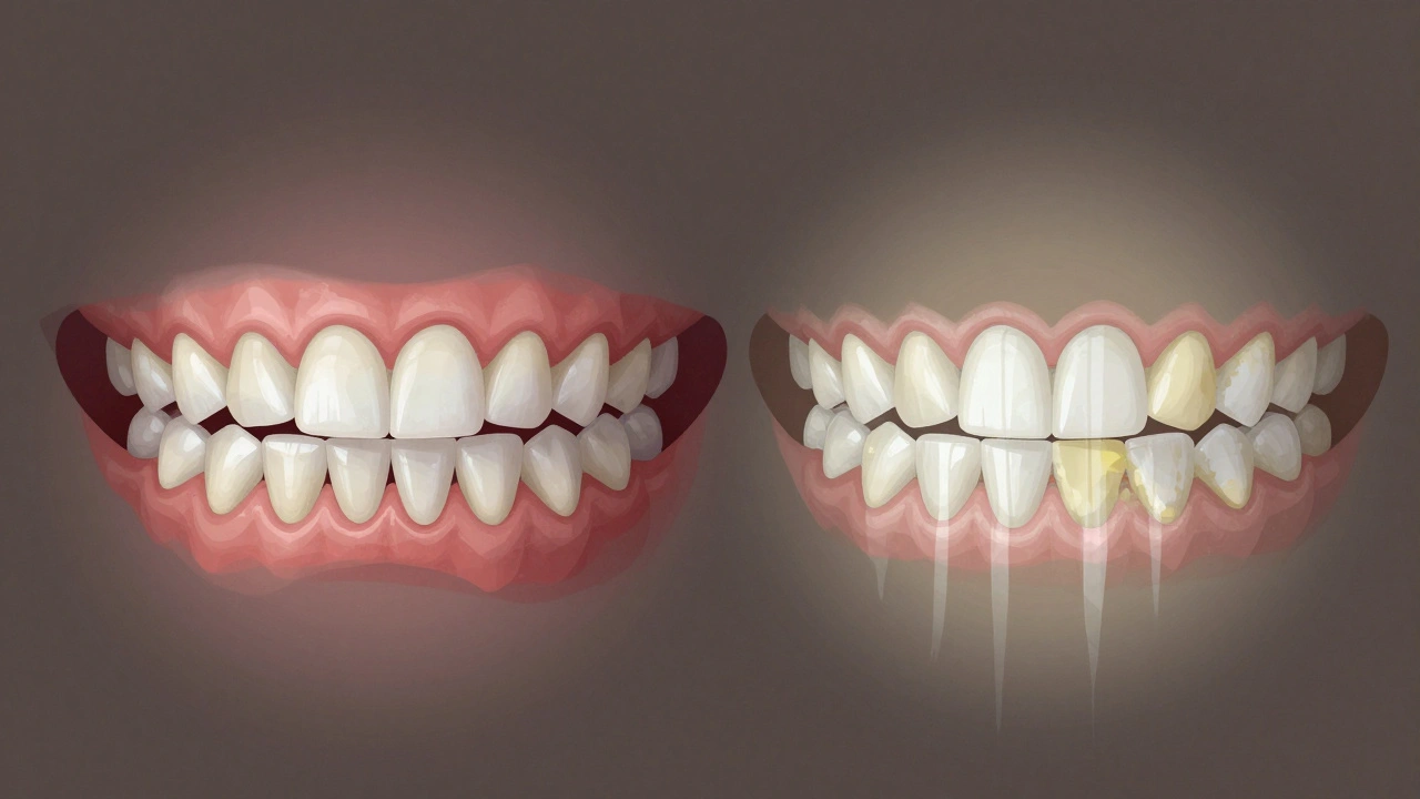 Porovnání správného a špatného bělení zubů: rovnoměrně bělící pásky versus nerovnoměrné skvrny způsobené plakem.