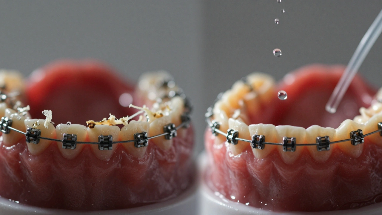 Porovnání znečištěných a vyčištěných zubů s rovnátky po použití ústní sprchy.